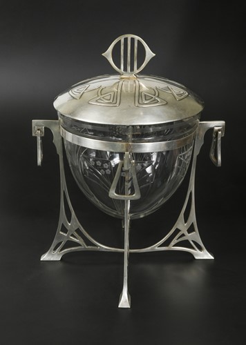 Lot 145 - A WMF silvered metal and glass punch bowl and cover, circa 1905