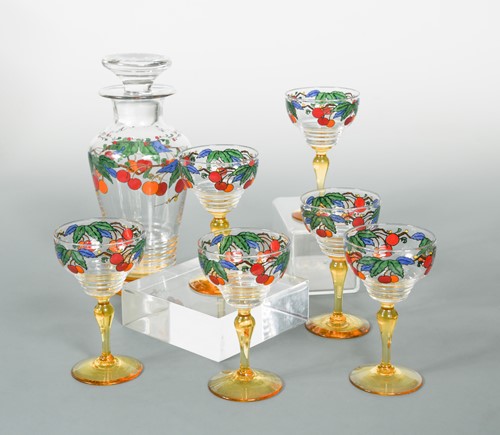 Lot 11 - Ludwig Kny for Stuart, a Stratford shaped enamelled glass cocktail set, circa 1930