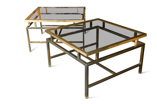 Lot 259 - A pair of modern glass and brass framed lamp tables