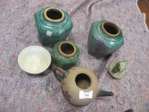 Lot 152 - Three Chinese yixing type teapots, another of...