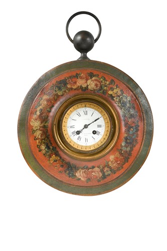 Lot 71 - A French circular tole case wall clock, 19th century