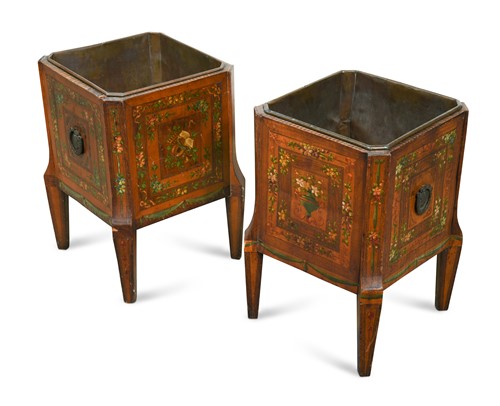 Lot 126 - A pair of satinwood banded and painted jardinieres, circa 1900
