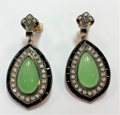 Lot 84 - A pair of jade, diamond and onyx earpendants