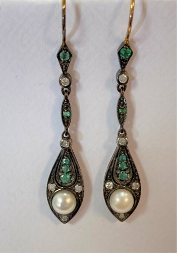 Lot 160 - A pair of Edwardian style earpendants set with diamonds, emeralds and pearls