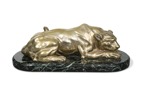 Lot 53 - After Henri Payen, an Art Deco silvered bronze model of a lioness