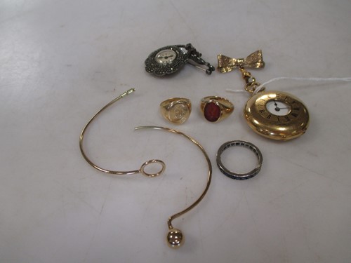 Lot 261 - Half hunter pocket watch marked '18K' attached...