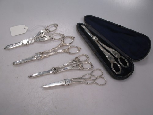 Lot 280 - 5 pairs of Victorian silver grape scissors,...