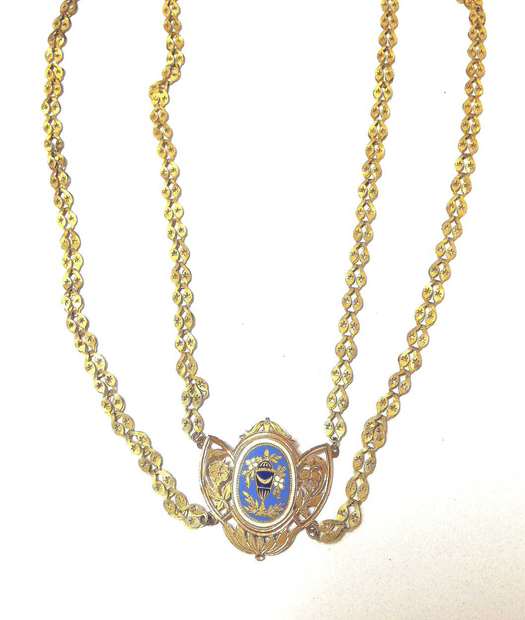 Lot 8 - A possibly French choker style double row necklace with enamelled plaque