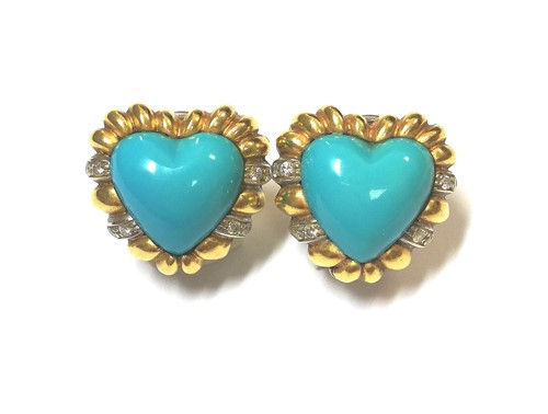 Lot 102 - A pair of Italian made turquoise and diamond ear clips