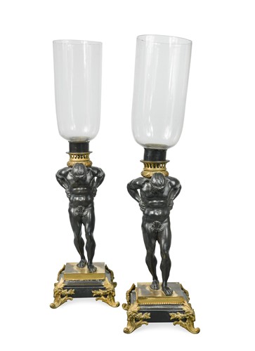 Lot 818 - A pair of 19th century gilt and patinated bronze hurricane lamps