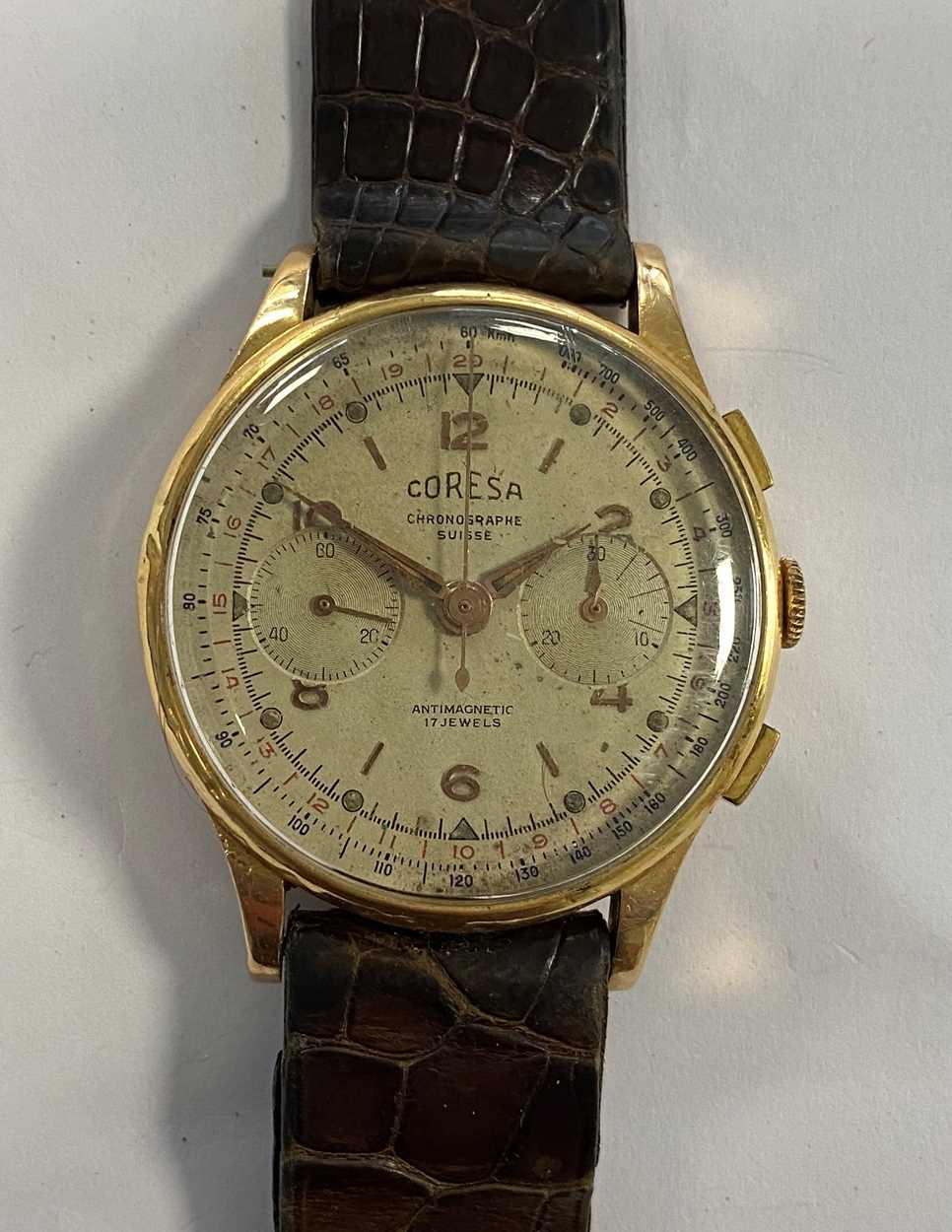 Lot 314 - Coresa by Chronographe Suisse – A gentleman’s Swiss 18ct gold chronograph wristwatch