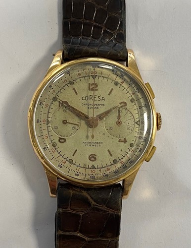Lot 314 - Coresa by Chronographe Suisse – A gentleman’s Swiss 18ct gold chronograph wristwatch