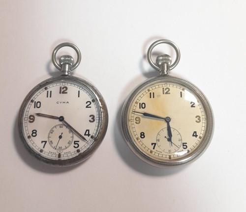 Lot 409 - Two base metal military issue open faced pocket watches, one by Cyma, one unsigned
