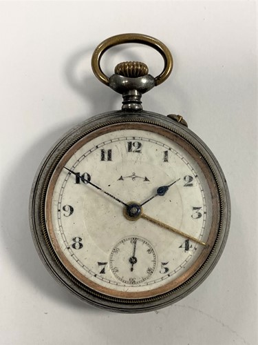 Lot 248 - Unsigned – A base metal open-faced pocket watch with alarm function