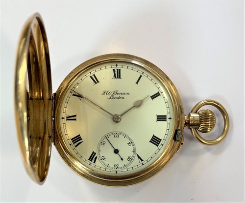 Lot 286 - JW Benson - A George V 9ct full hunter pocket watch and 'double Albert' chain