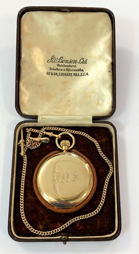 Lot 286 - JW Benson - A George V 9ct full hunter pocket watch and 'double Albert' chain