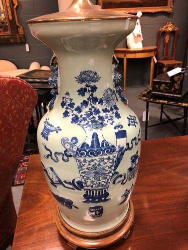 Lot 953 - A pair of  Chinese blue and white lamps, 20th century