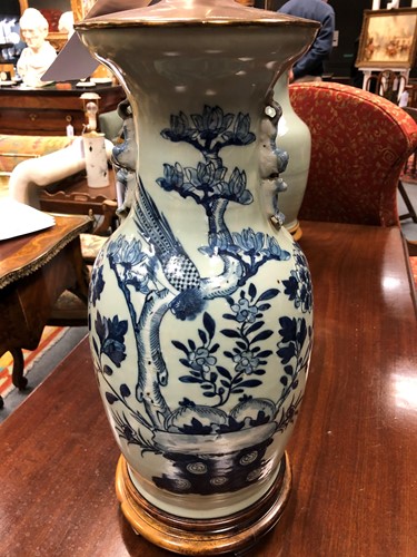 Lot 953 - A pair of  Chinese blue and white lamps, 20th century