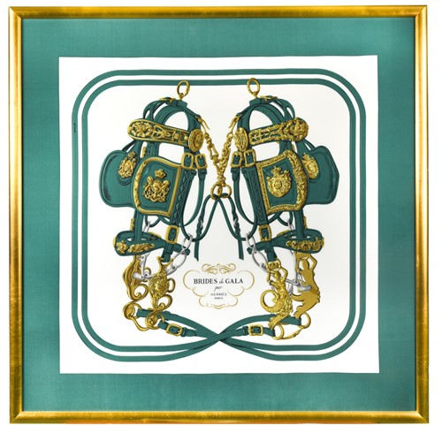 Lot 111 - A framed Hermès Brides de Gala silk scarf in forest green