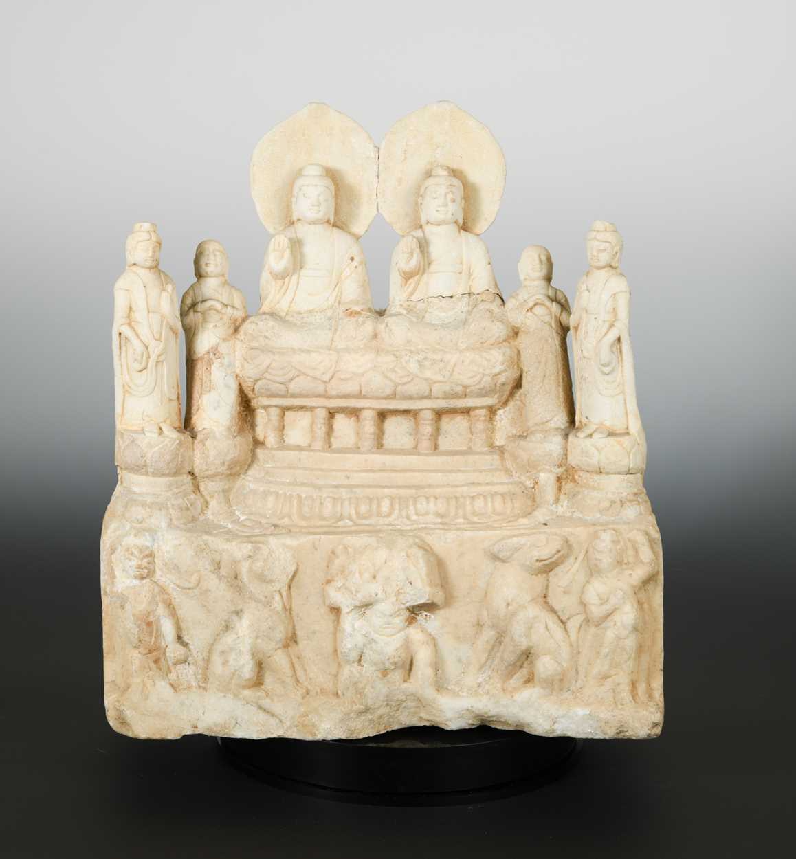 Lot 127 - A Chinese white marble double Bodhisattva group, with aureoles and four followers, in Sui/early Tang style