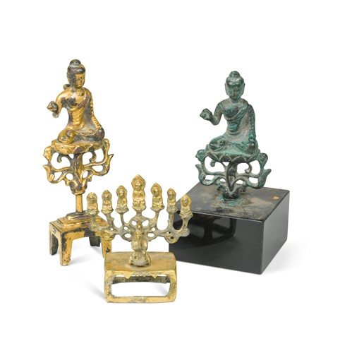 Lot 373 - Three Chinese small bronze and gilt bronze Buddhist figures, in Wei Dynasty style