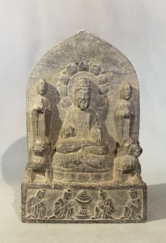 Lot 70 - A Chinese grey stone Buddhist triad stele with...