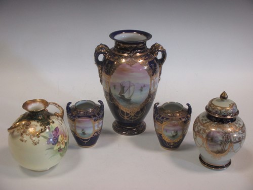 Lot 2 - Three Noritake two-handled vases painted with...