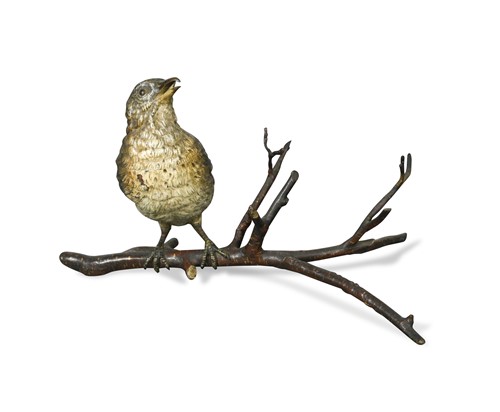 Lot 802 - An Austrian cold painted bronze inkwell as a song thrush on a cherry branch by Franz Bergmann