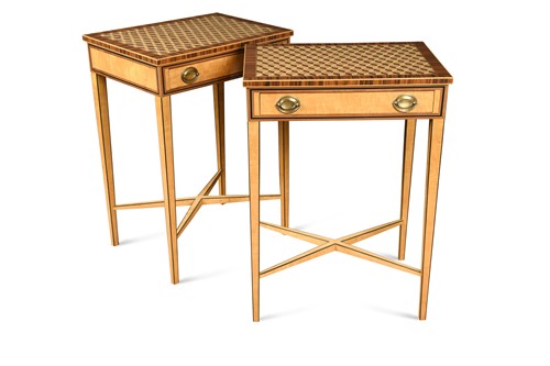 Lot 992 - A pair of satinwood parquetry side tables, modern