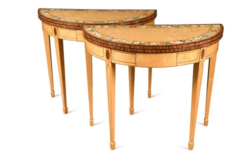Lot 965 - A pair of satinwood cross banded and painted demi-lune card tables, modern
