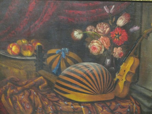 Lot 476 - A still life of musical instruments, flowers...