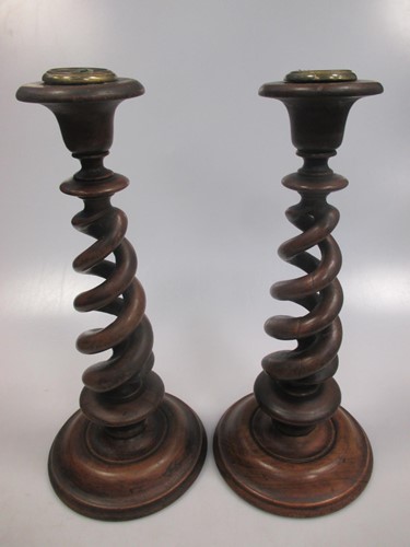 Lot 285 - Pair walnut barleytwist candlesticks, 30cm...
