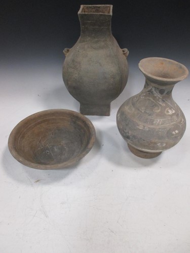Lot 82 - A group of three Chinese painted grey pottery...