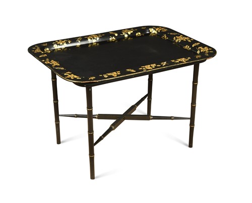 Lot 931 - A late Regency papier mache tray with gilt floral and insect decorated border