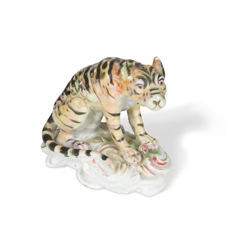 Lot 10 - A rare Longton Hall or Vauxhall model of a tiger, c. 1755-60