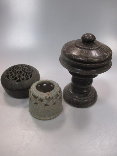 Lot 95 - A Chinese carved black stone censer and cover...