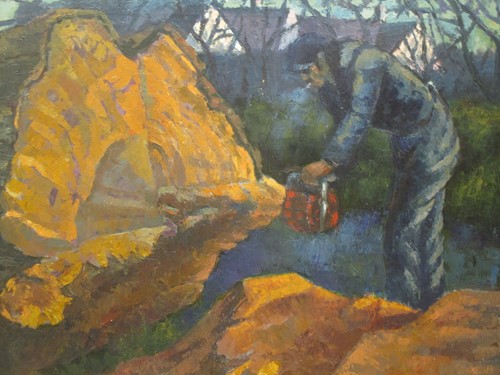 Lot 414 - Sylvia Molloy, Chainsaw, oil on canvas, signed...