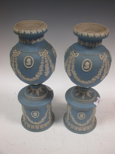 Lot 113 - A pair of blue jasperware vases 38cm high
