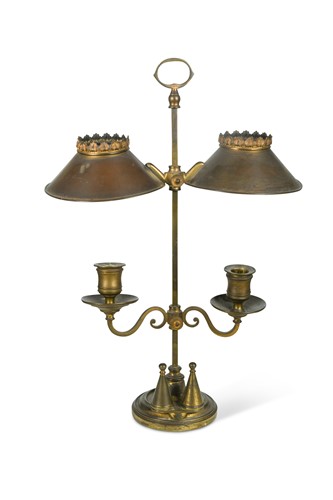 Lot 825 - A 19th century gilt bronze adjustable double candlestand with shades