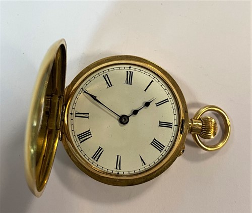 Lot 224 - Unsigned - A lady's Swiss 18ct gold half hunter pocket watch retailed by Barraud & Lund