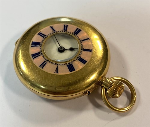 Lot 224 - Unsigned - A lady's Swiss 18ct gold half hunter pocket watch retailed by Barraud & Lund
