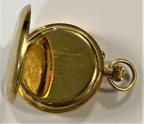 Lot 224 - Unsigned - A lady's Swiss 18ct gold half hunter pocket watch retailed by Barraud & Lund