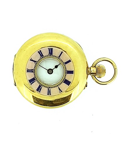 Lot 224 - Unsigned - A lady's Swiss 18ct gold half hunter pocket watch retailed by Barraud & Lund