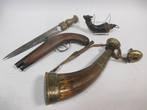 Lot 150 - A 19th century powderhorn, a percussion pistol,...