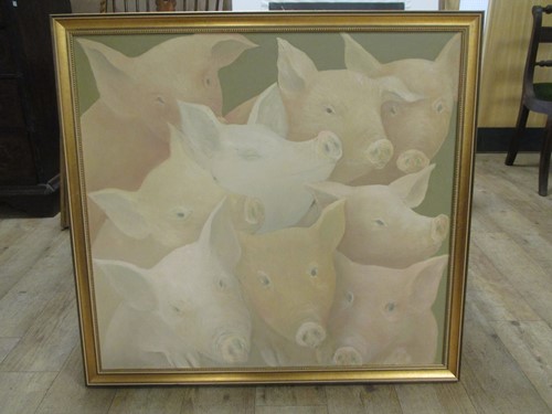 Lot 327 - Alan Lugen, Gathering of pigs, oil on canvas,...