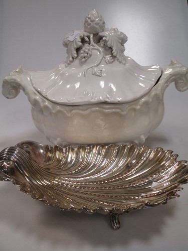 Lot 315 - White faience tureen and cover, with silver...