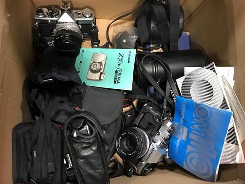 Lot 171 - Olympus OM2 and OM10 camera bodies, lenses etc