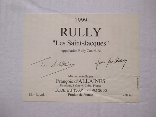 Lot 829 - Rully Les St Jacques 1999, Francois D'Allaines,...