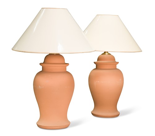 Lot 670 - A pair of modern terracotta baluster vase...