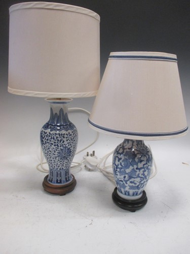 Lot 138 - Two blue and white baluster vase lamps of...